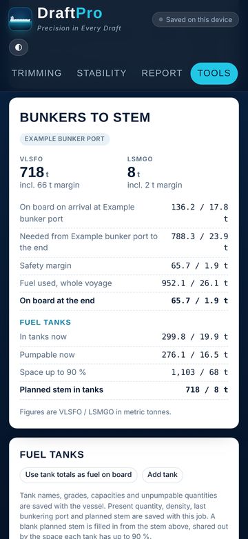 Bunkers to stem, with safety margin
