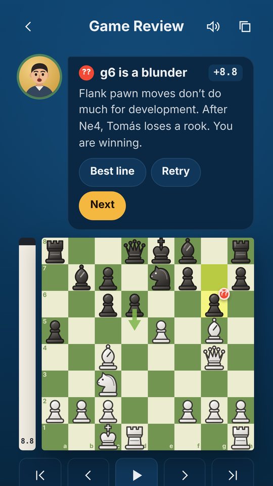 Kingside game review screen