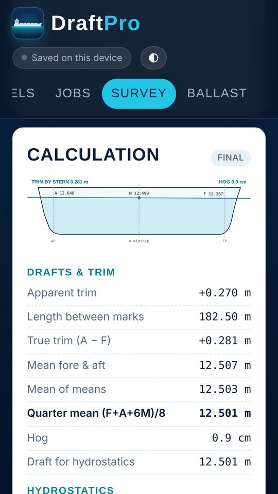 Draft survey calculation screen