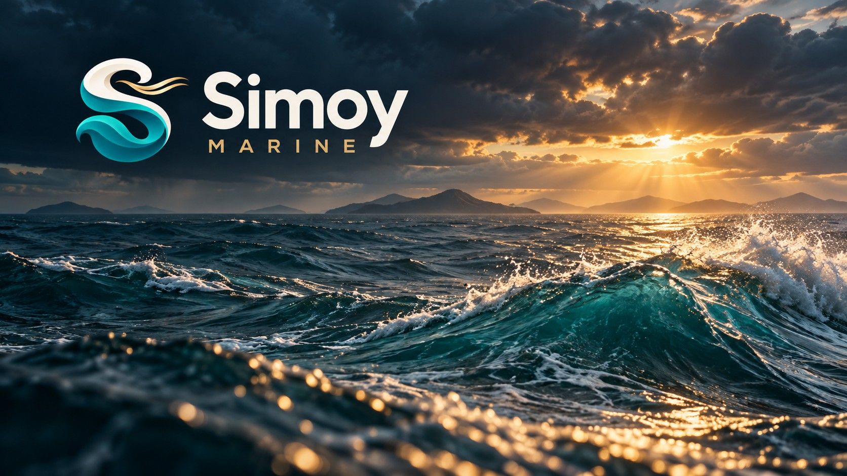 The Simoy Marine logo above a rough, wind-blown sea at sunset, with islands on the horizon.